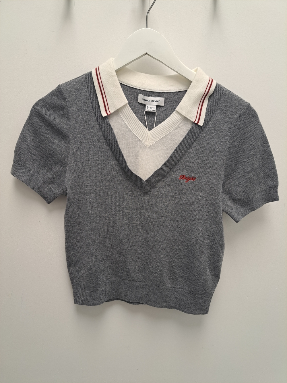 Urban Revivo Grey V-Neck Polo-Style Short Sleeve Sweater *BRAND NEW NEVER WORN!*